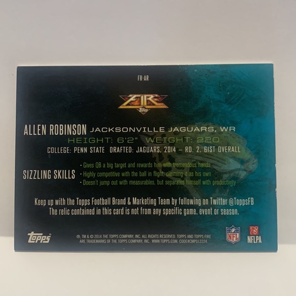 2014 Topps Fire Relics Allen Robinson Penn State Nittany Lions #FR-AR (016) - Picture 2 of 2